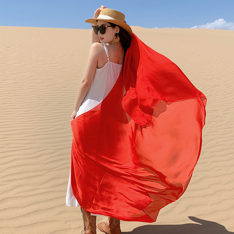 K830 Desert red silk scarf shawl female summer sun protection Tibet Sichuan travel outer skirt thin photo scarf