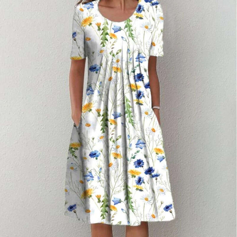 Maxi Dress TEMU Large Size Spring Summer Women S Elegant Big Swing Skirt Round Neck Printed Short Sleeve Dress Floral Dress