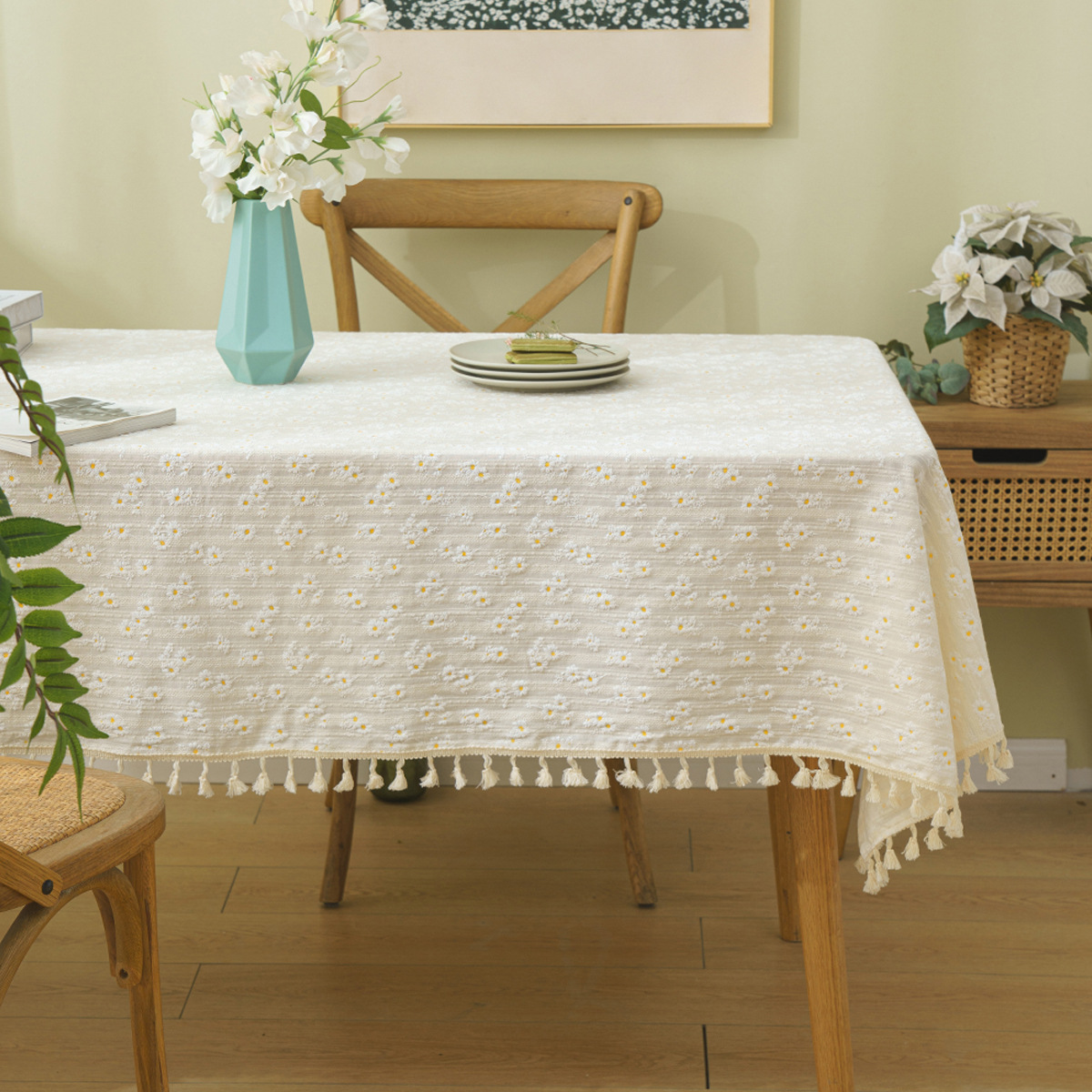 B378 Small Fresh Cotton and Linen Tablecloth Small Daisy Pastoral Student Dormitory White Dust-proof Non-slip Decorative Cloth Coffee Table Cover