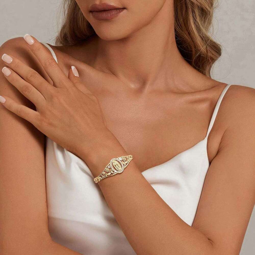 Catholic Bracelet Women-14k Gold Plated Bracelet,Hypoallergenic Non Tarnish Trendy Jewelry,Dainty Stainless Steel Cubic Zirconia Religious Baptism Vir