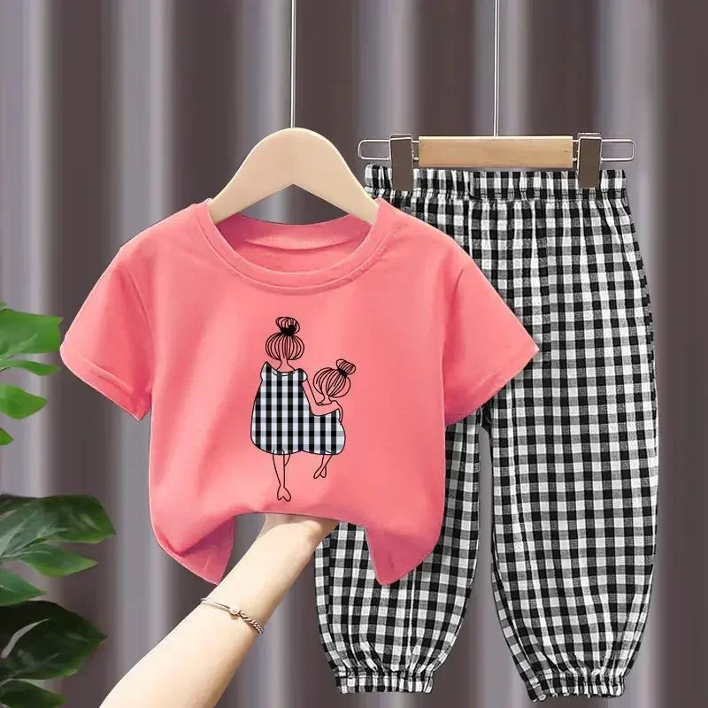 Childrens Clothing Sets Mother and Daughter Printed Shortsleeved Top Plaid Trousers Kids Clothes Girls 2 To 8 Years 250517z