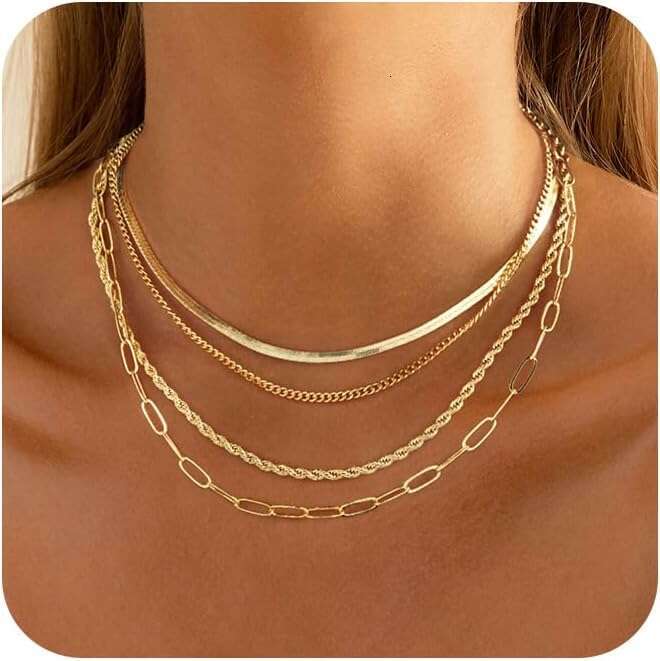 Women's gold/sier stack, 14K gold/pure sier plated simple layered necklace, stackable multi-layer pearl cross plate circular pendant Cuban herrin