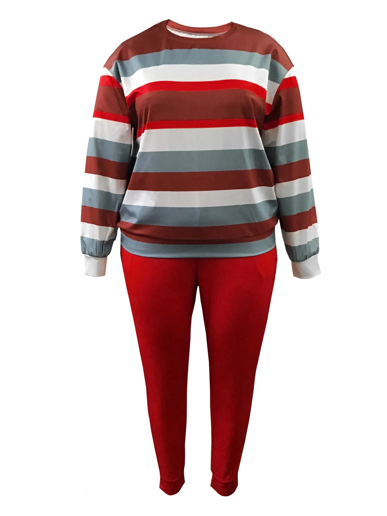 XL5XL LW Plus Size Striped Patchwork Pants Set Women Long Sleeve Legging Round Neck Casual Two Piece Outfit Tracksuit 250513Z