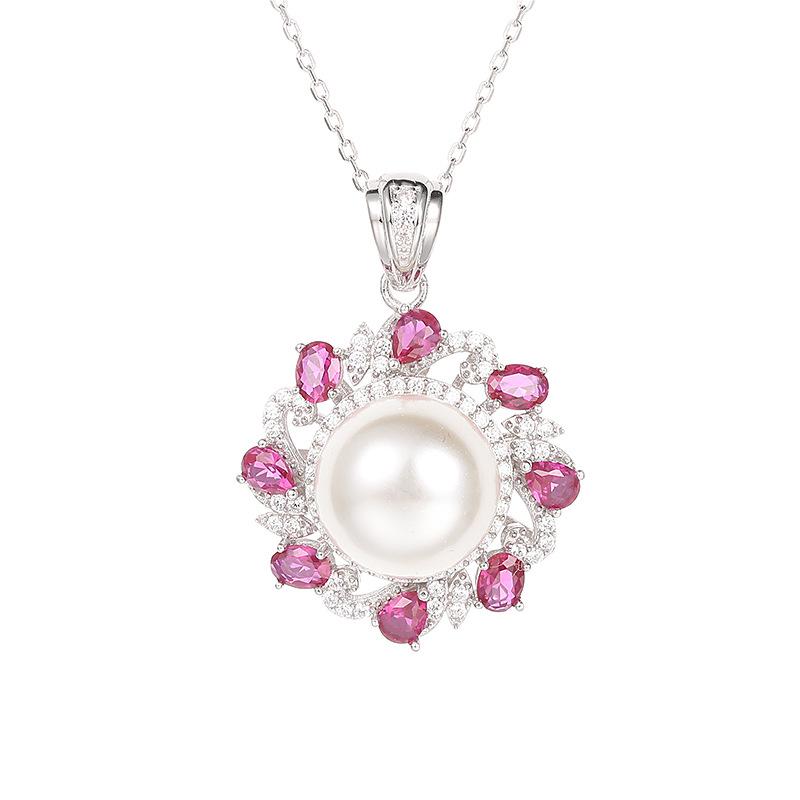 925 Sterling Silver Pearl Pendant Necklace, Women's Creative Design with Full Diamond and Ruby Accents, Elegant Jewelry for Parties, Perfect Gift