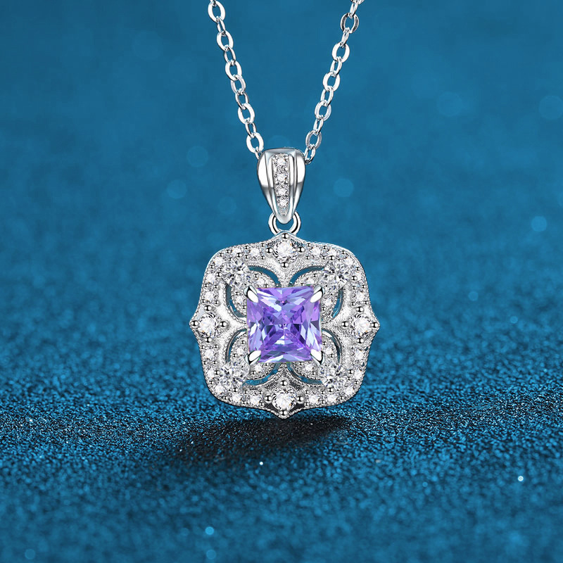 925 Sterling Silver Pendant Necklace with Purple, Red, and Green Gemstones, 6x6mm Multi-Colored Gemstone for Women, Stylish Fashion Jewelry