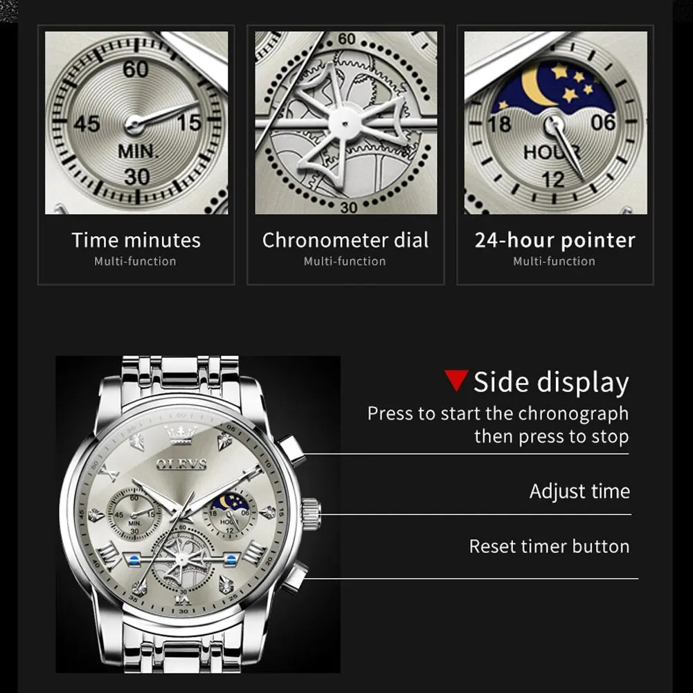 OLEVS 2856 Man Watch 24 Hour Moon Phase Chronograph Waterproof Luminous Multifuncation Original Quartz Wristwatch for Men 250603