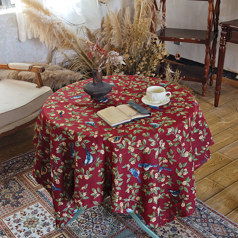 A664 American country retro tablecloth cotton linen style jacquard fabric flower and bird table cloth thickened coffee table cloth TV cabinet cover