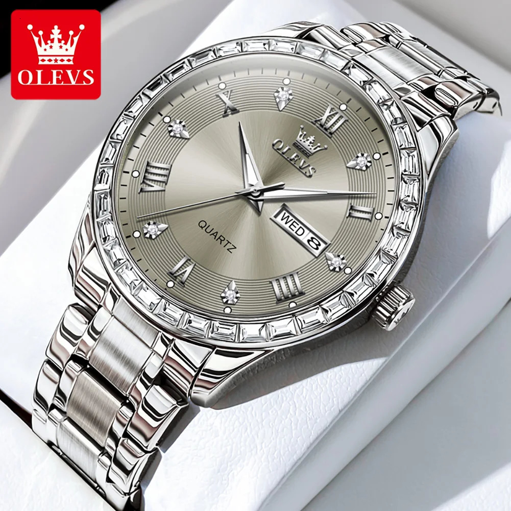 OLEVS 9906 Square Diamond Mens Quartz Watch Stainless Steel Strap Waterproof Dual Calendar Original Business Wristwatch 250603
