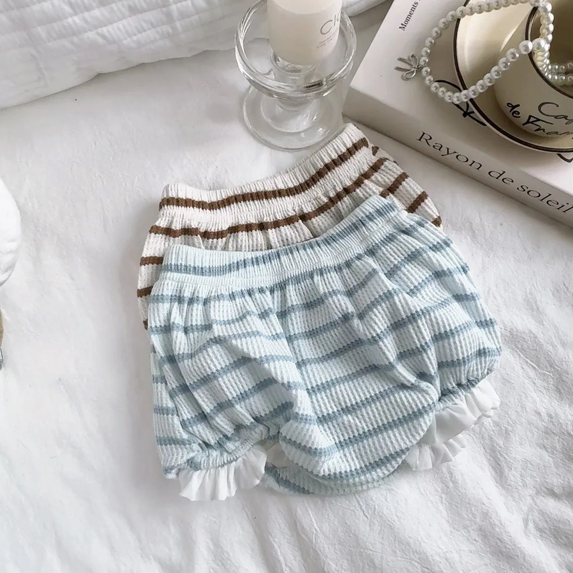 Korean version summer girls comfortable and breathable waffle classic striped fashion trend cute bow tie set 250517z