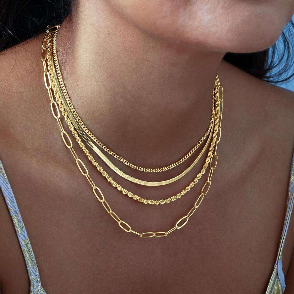 Women's gold/sier stack, 14K gold/pure sier plated simple layered necklace, stackable multi-layer pearl cross plate circular pendant Cuban herrin