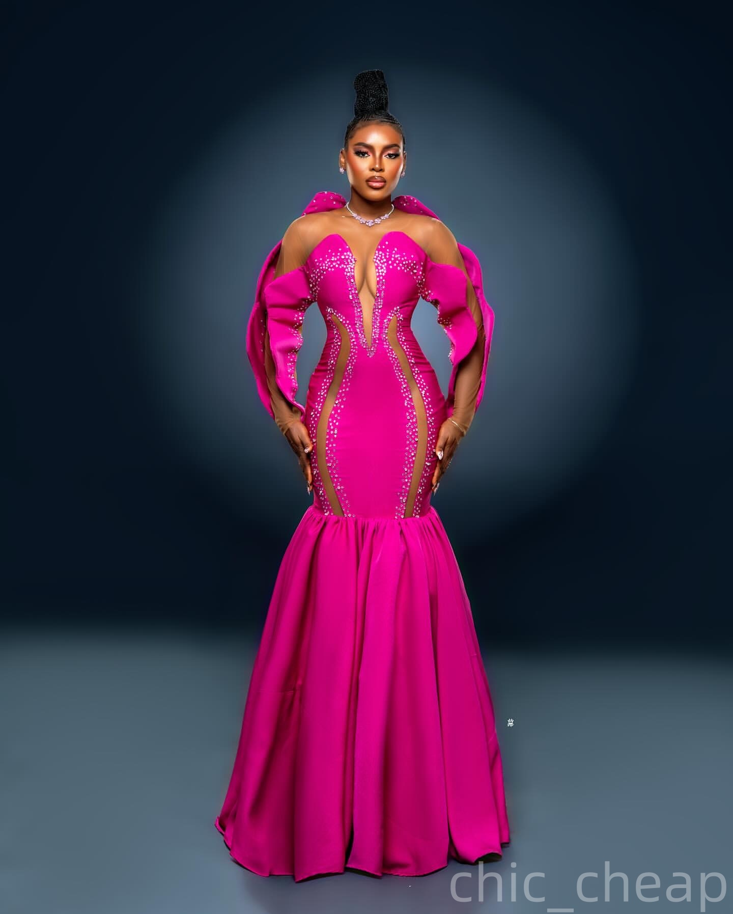 Fuchsia Mermaid Prom Dresses 2025 Crystals Satin Full Sleeves Evening Formal Party Second Birthday Engagement Gowns Plus Size Dress For Special Occasi