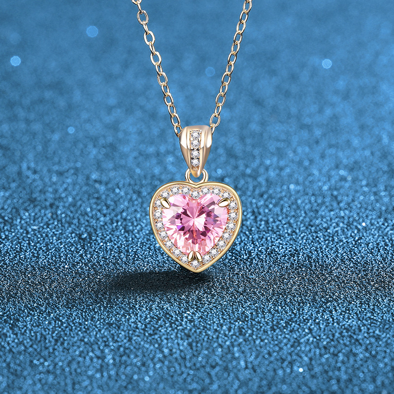 925 Sterling Silver Heart Pendant Necklace with Full Diamond Zircon Stones in Blue, Red, Pink, and Aqua, Rose Gold Plated Chain
