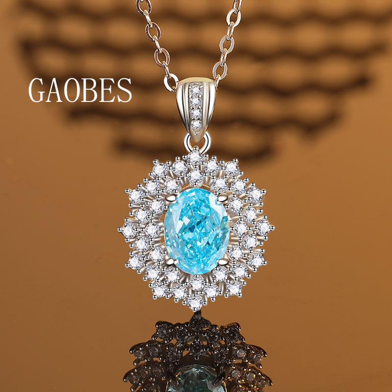S925 Sterling Silver 4-Carat Ice Flower Cut Moissanite Aqua Blue Pendant and Ring Set, High-Carbon Diamond Jewelry for Women