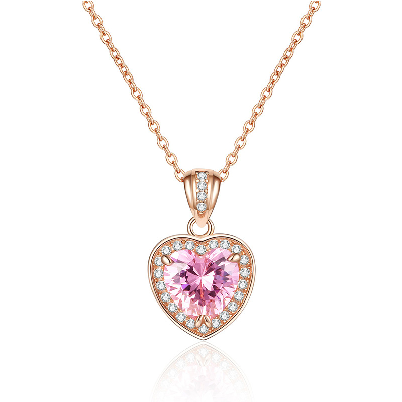925 Sterling Silver Heart Pendant Necklace with Full Diamond Zircon Stones in Blue, Red, Pink, and Aqua, Rose Gold Plated Chain