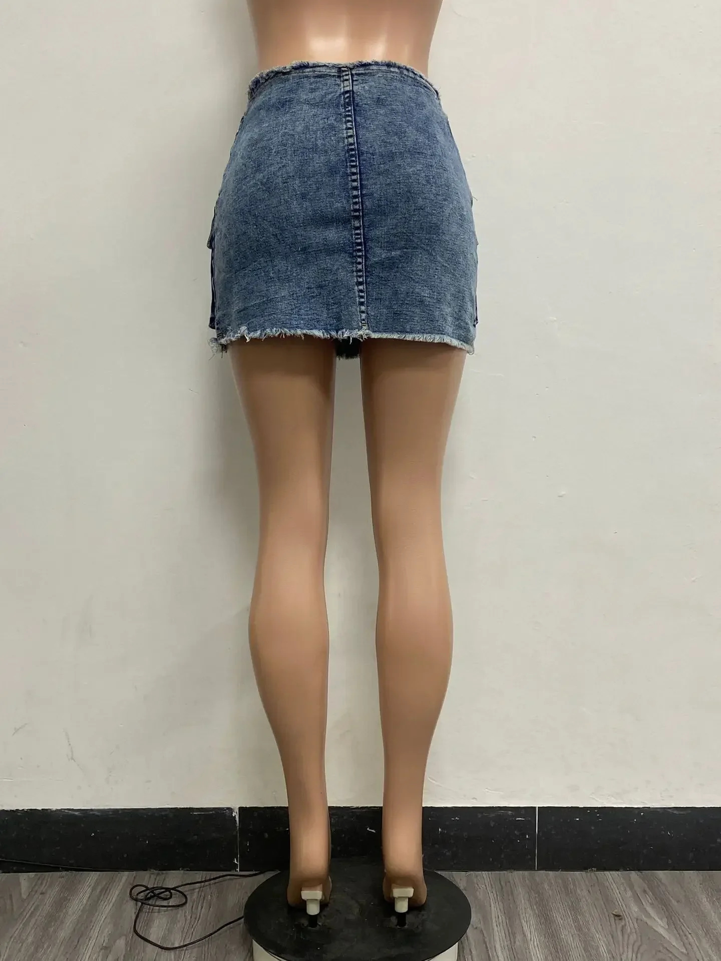 Denim Skirt Women Vintage Frayed Tassels High Waist Streetwear 2025 Mom Jeans Bodycon Multiple Pockets Female Sexy Mini Skirts 250516Z