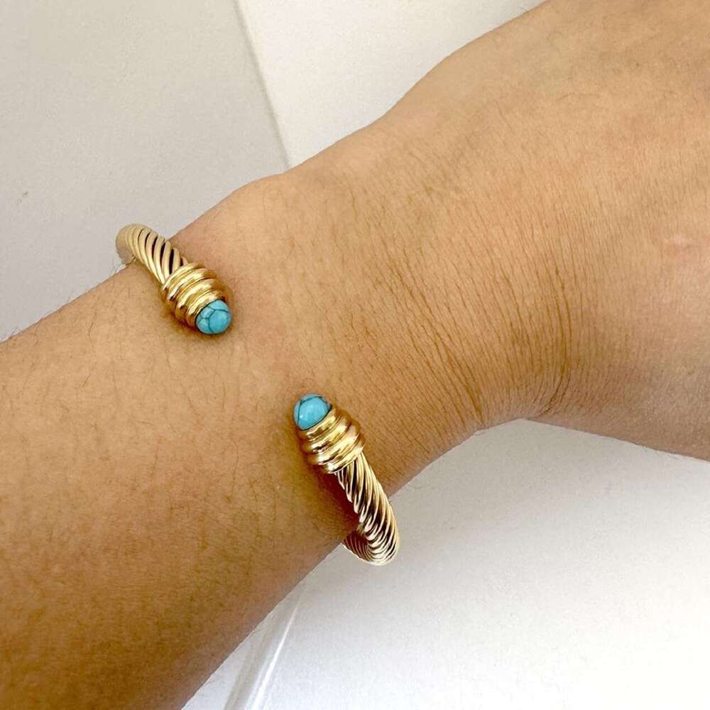 14K Gold Plated Adjustable Twist Stainless Steel Cable Wire Turquoise Charm Bracelets Friendship Open Bangle Wrist Cuff for Women Men