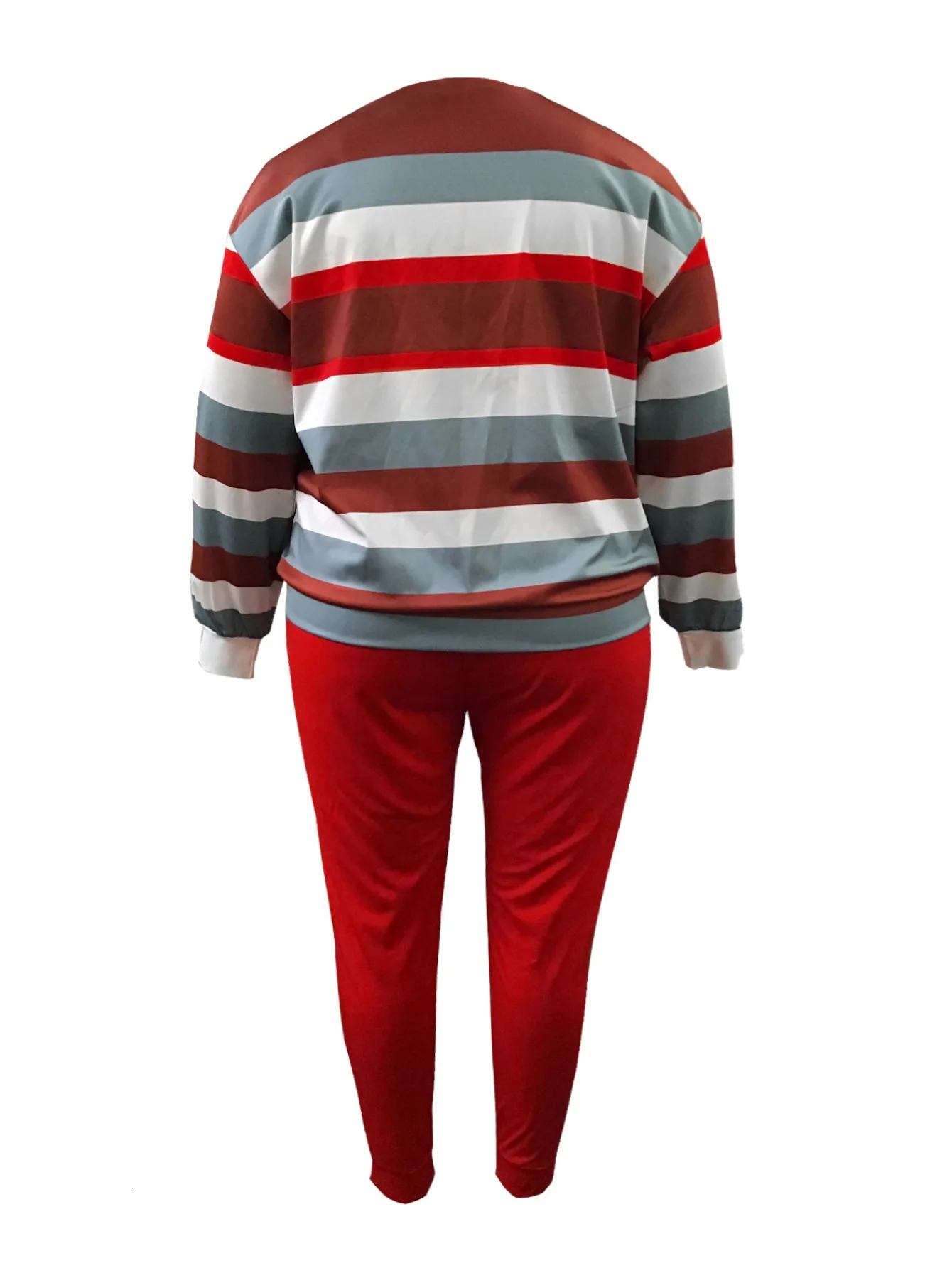 XL5XL LW Plus Size Striped Patchwork Pants Set Women Long Sleeve Legging Round Neck Casual Two Piece Outfit Tracksuit 250513Z