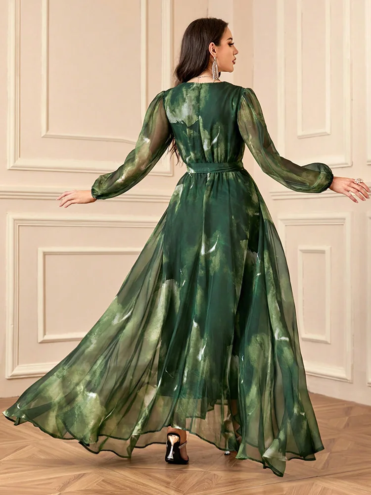 Women's V-Neck Cross Wrap Elegant Long Sleeve Random Print Summer Dress 2024 New Spring Casual Formal Party Maxi Dresses