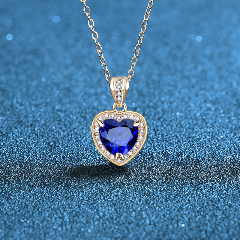 925 Sterling Silver Heart Pendant Necklace with Full Diamond Zircon Stones in Blue, Red, Pink, and Aqua, Rose Gold Plated Chain