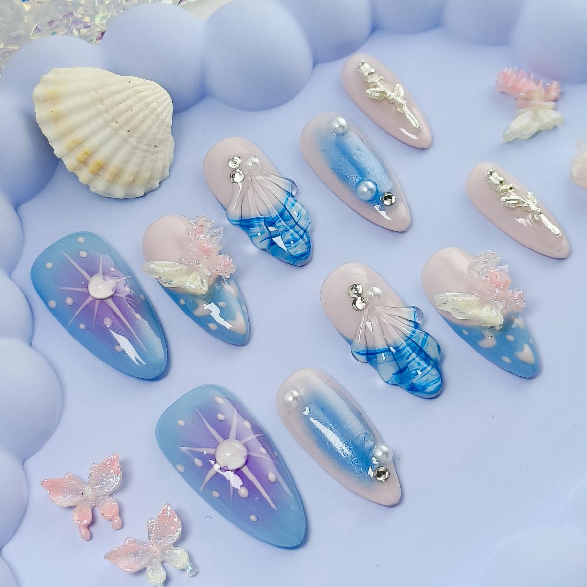 10pcs Summer Series Handmade Press-on nails Medium Almond Nails Hand drawn French Tips Fake nails Bundle 3D Butterfly Rose Free storage box jelly glue