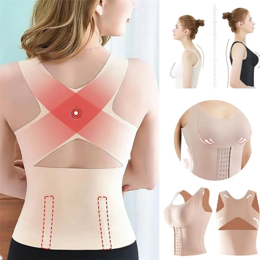 Women's 3-in-1 button-down bra style clothing posture correction weight loss cross-back underwear abdominal sleeveless T-shirt250603