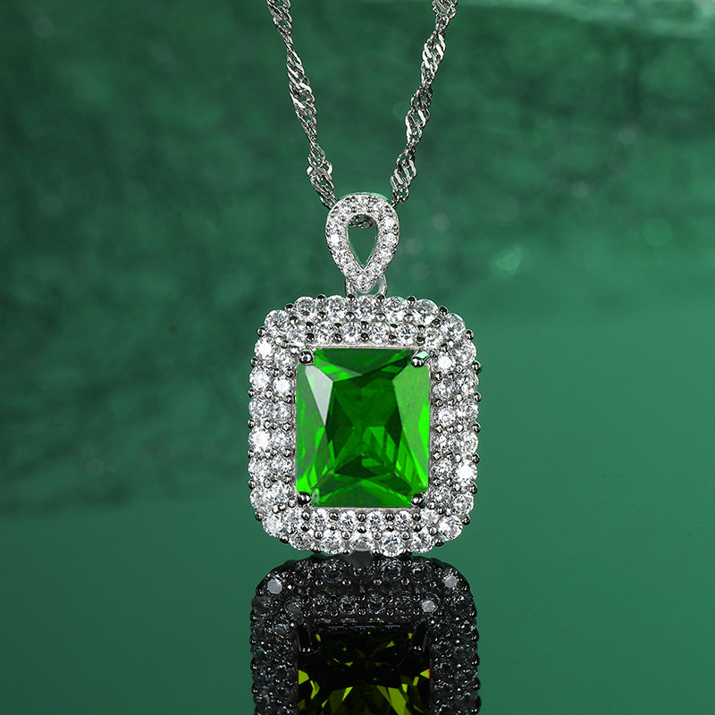 Luxurious Green Gemstone Pendant Necklace with Full Diamond Detailing, Crafted in S925 Silver, Stylish and Elegant Jewelry for Women, Perfect for Any 