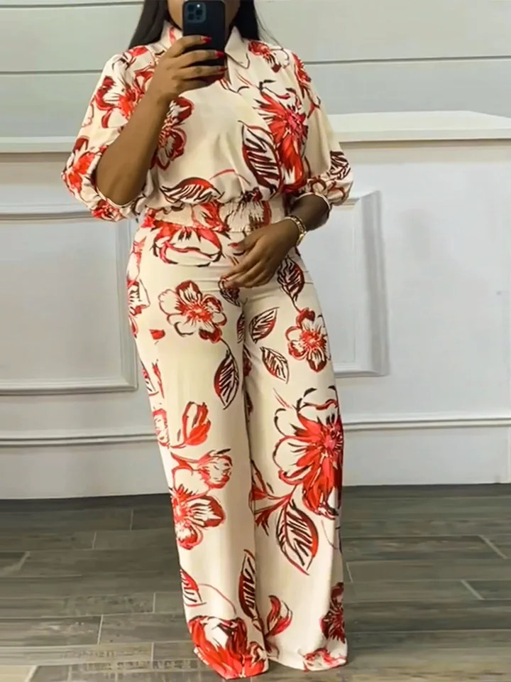 Womens Long Bottom CrossNeck Suit Bright Fashion Flower Print Pattern Waistcinching Short Top Plus Size Spring Summer 250513Z