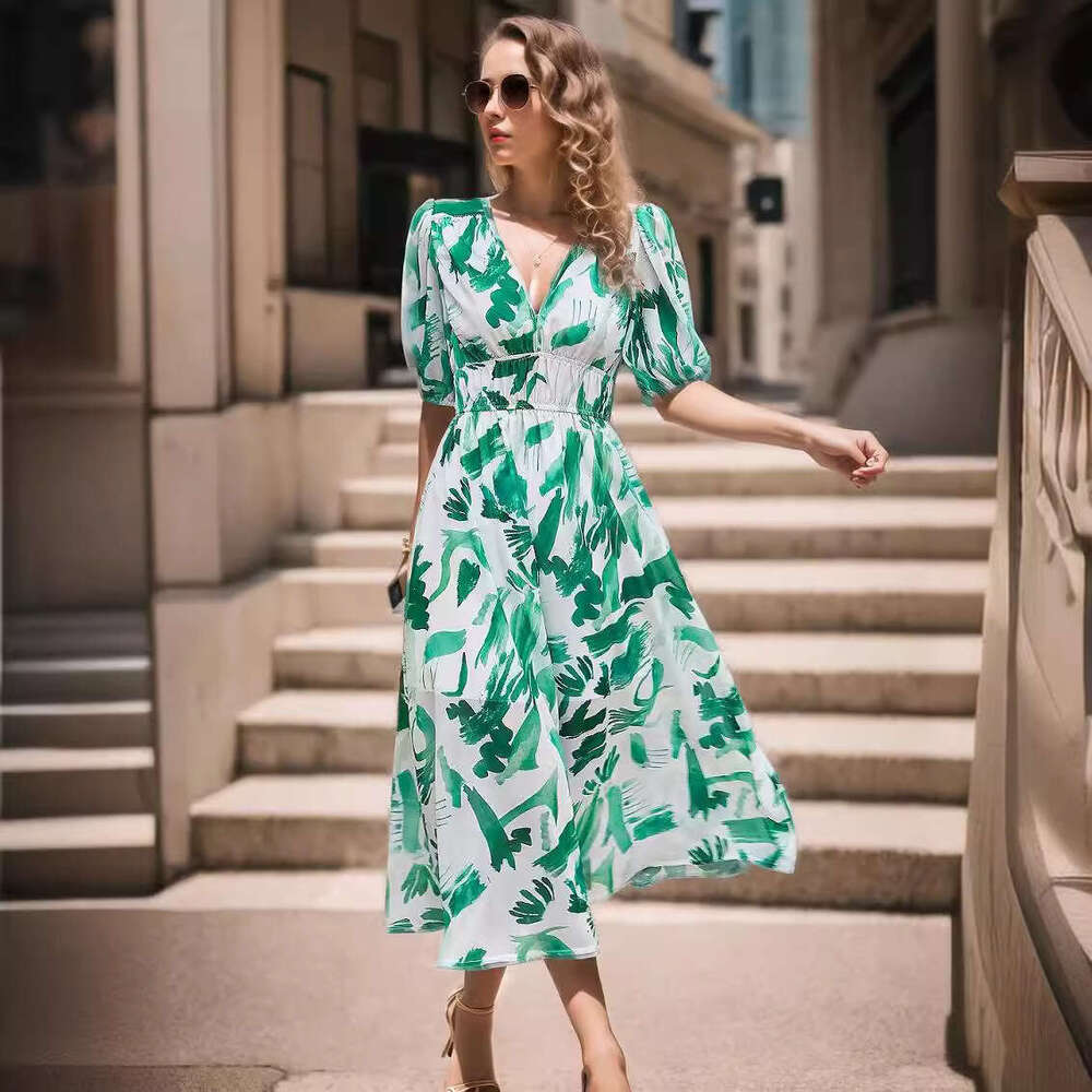 Maxi Dress Summer Dress Temperament Waist Cinching V Neck Printed Long Skirt Floral Dress