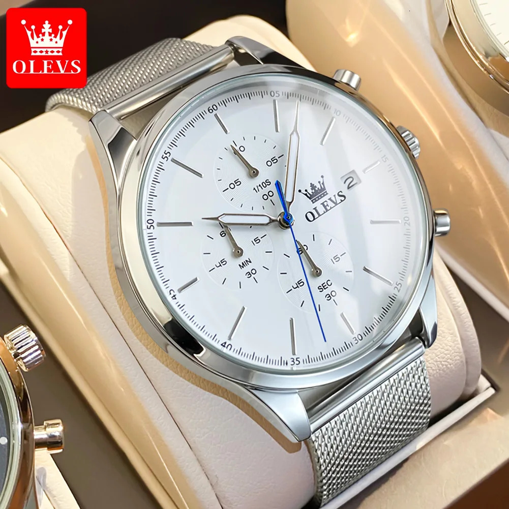 OLEVS 2881 Original Mens Watch Mesh Steel Strap Classic Small Dial Chronograph Calendar Wristwatch Quartz Watch for Man 250603