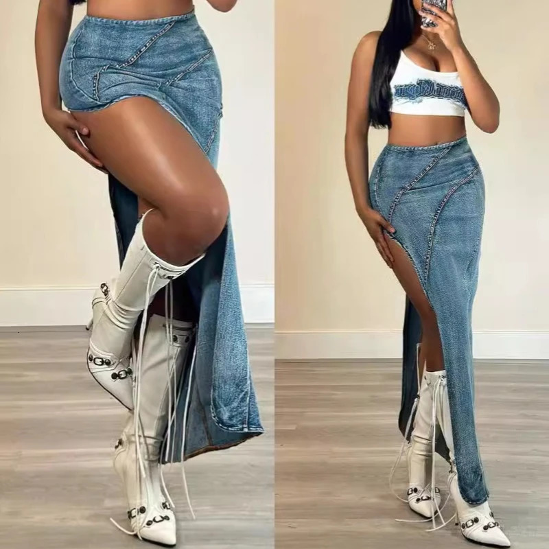 Denim Irregular Skirt Women High Waist Stretch Distressed Washed Zipper Mom Jeans Sexy Club Vintage Long Skirts 2025 Streetwear 250516Z