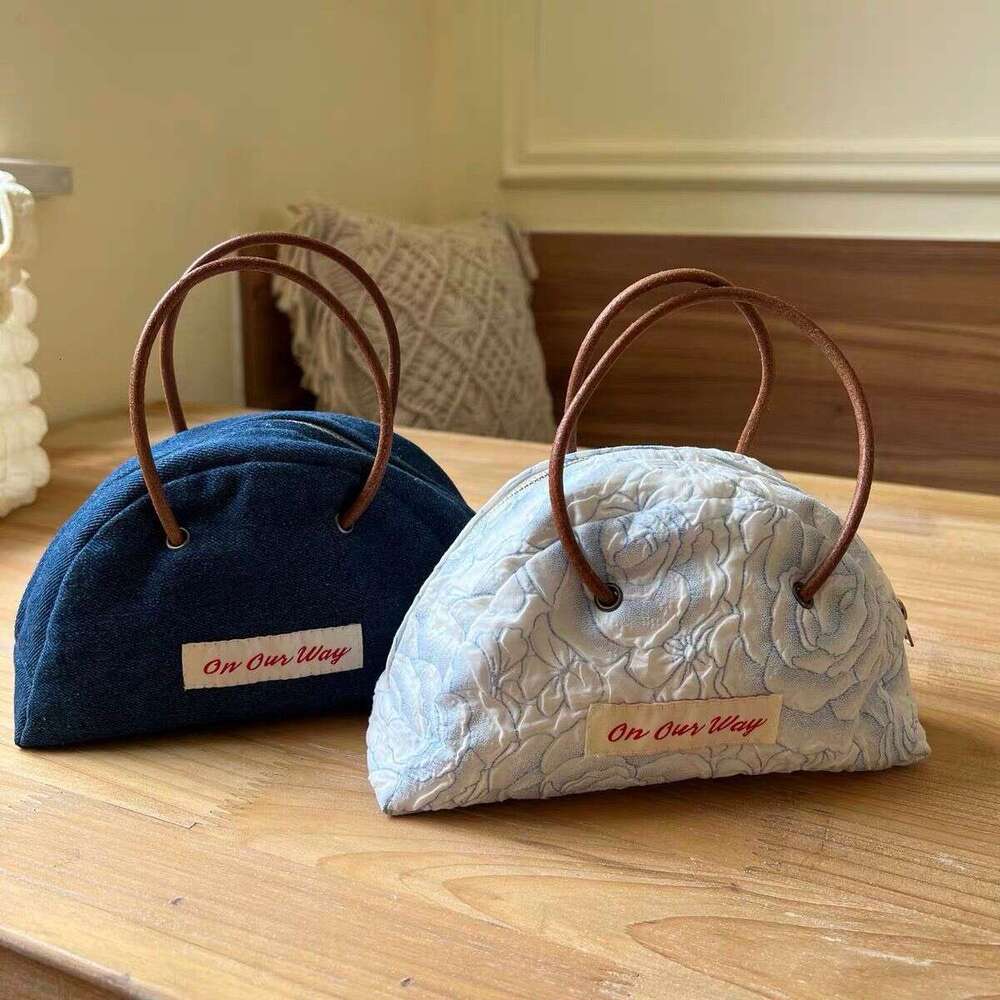 Cute Niche Half-Round Leather Strap Handbag Zipper Storage Student Denim Tote Bag