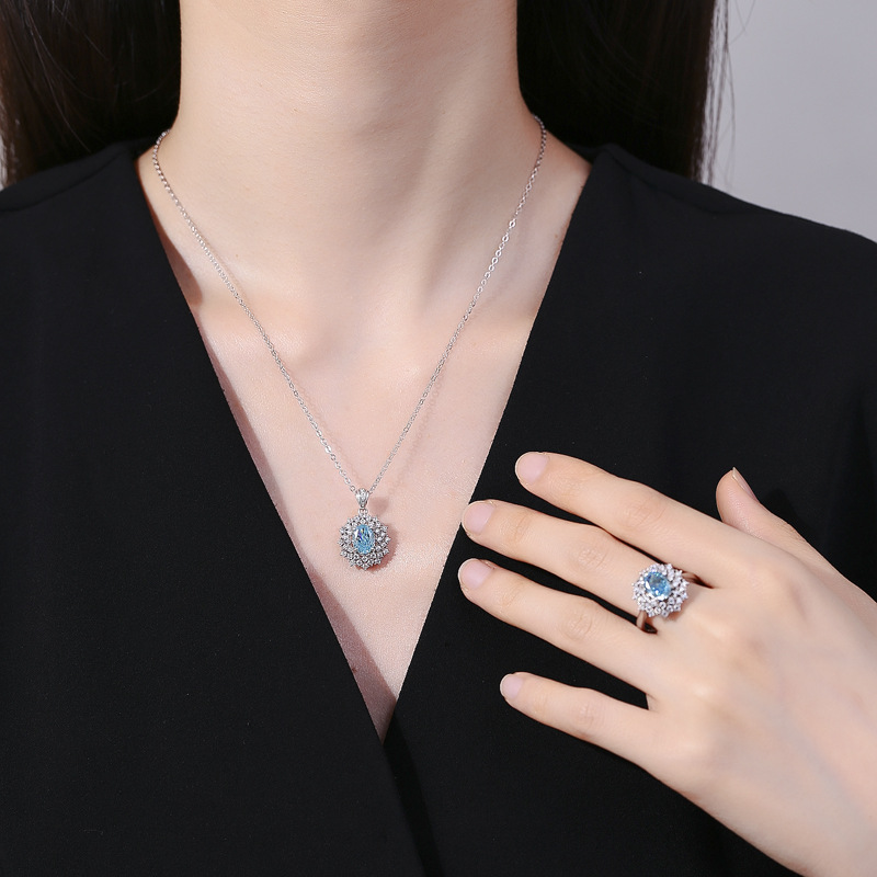 S925 Sterling Silver 4-Carat Ice Flower Cut Moissanite Aqua Blue Pendant and Ring Set, High-Carbon Diamond Jewelry for Women