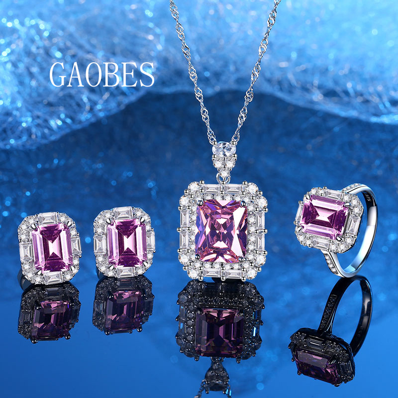 925 Sterling Silver Pink Sapphire Necklace, Earrings, and Ring Set with High-Quality Stones for Women, Elegant Luxury Jewelry Set