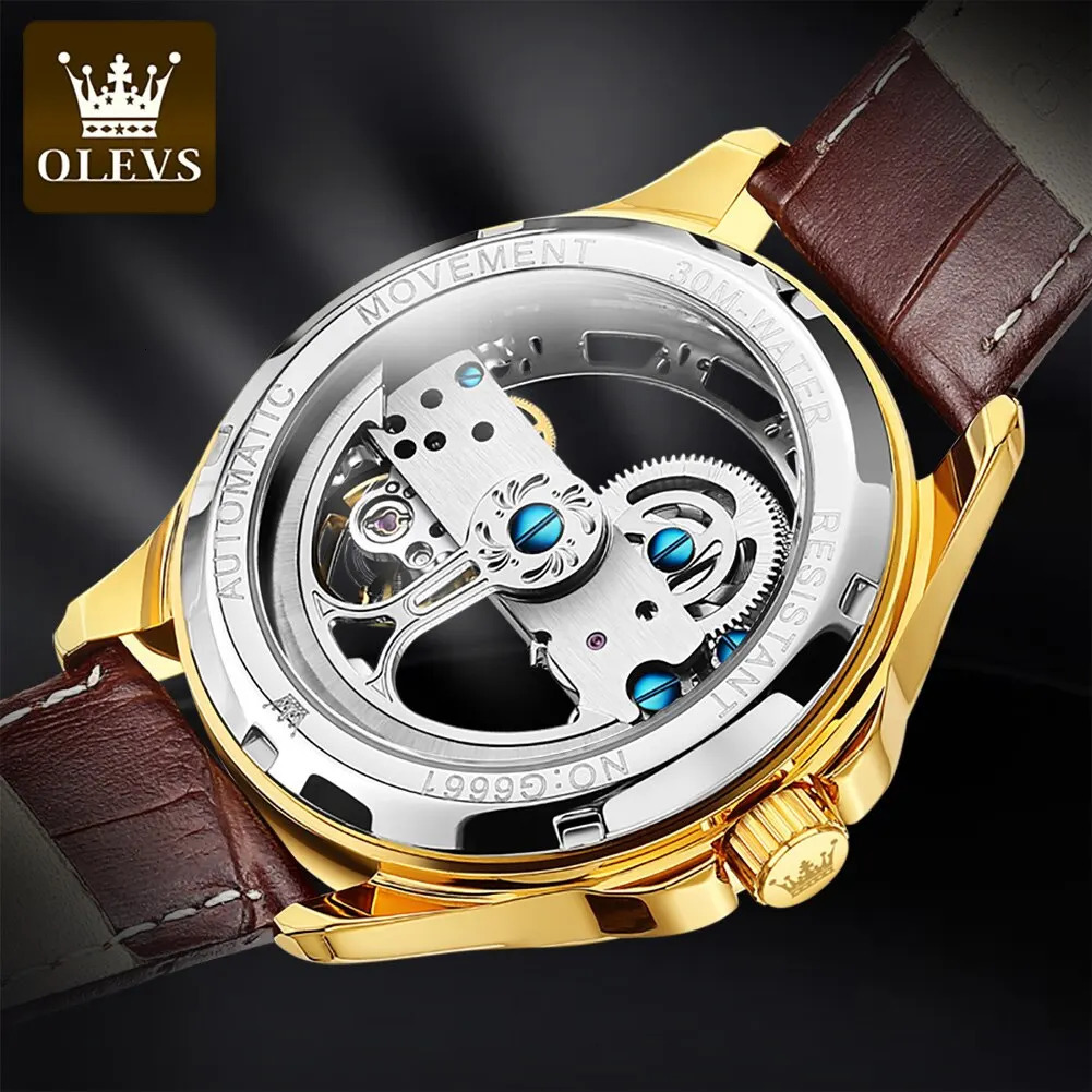 OLEVS Men Watches Automatic Mechanical Wristwatch Skeleton Waterproof Leather Strap Male Watch Reloj Hombre 250603