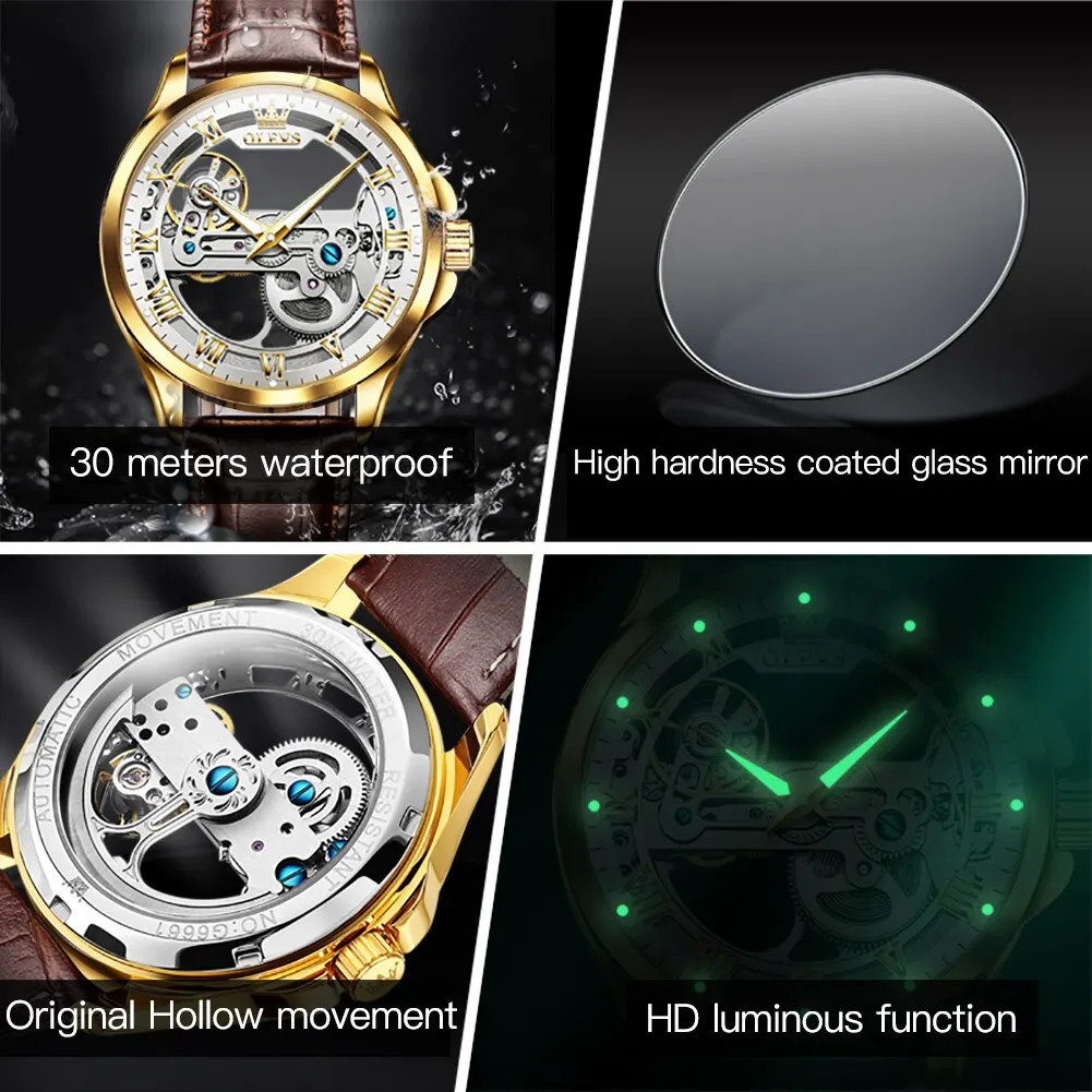 OLEVS Men Watches Automatic Mechanical Wristwatch Skeleton Waterproof Leather Strap Male Watch Reloj Hombre 250603