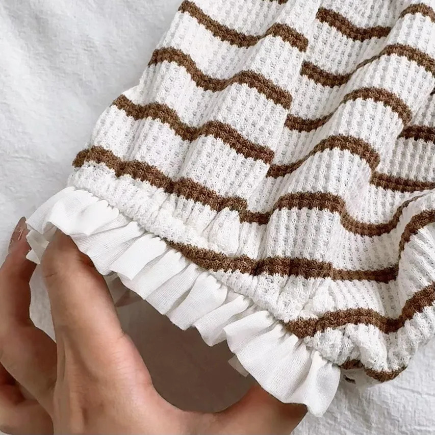 Korean version summer girls comfortable and breathable waffle classic striped fashion trend cute bow tie set 250517z