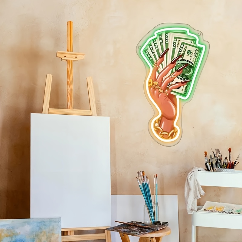 1pc Money-Themed LED Neon Sign - Green Dollar Bill Design with Golden Accents, USB-Powered Clear Acrylic Wall Art for Bedroom, Living Room, Office Dec