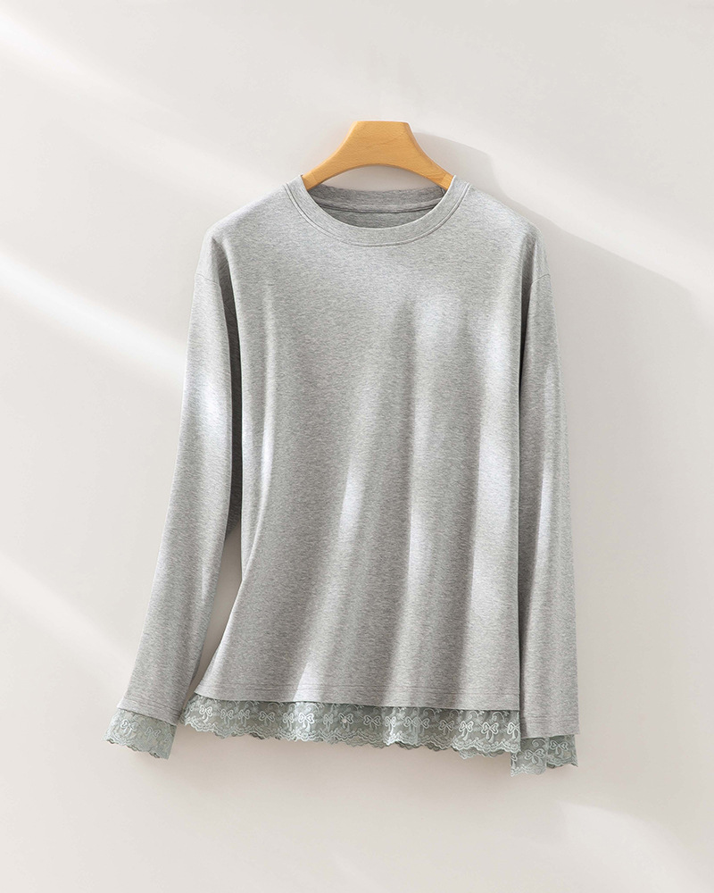SLL16510 Lace stitching lace design round neck bottoming shirt women's spring casual all-match sweatshirt