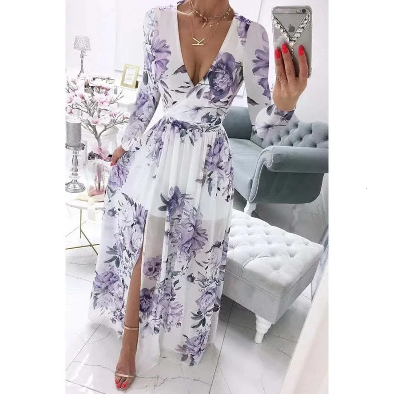 Summer Long Sleeve V-Neck Chiffon Printing Bohemian Dress For Women Independent Station Fashion 250519