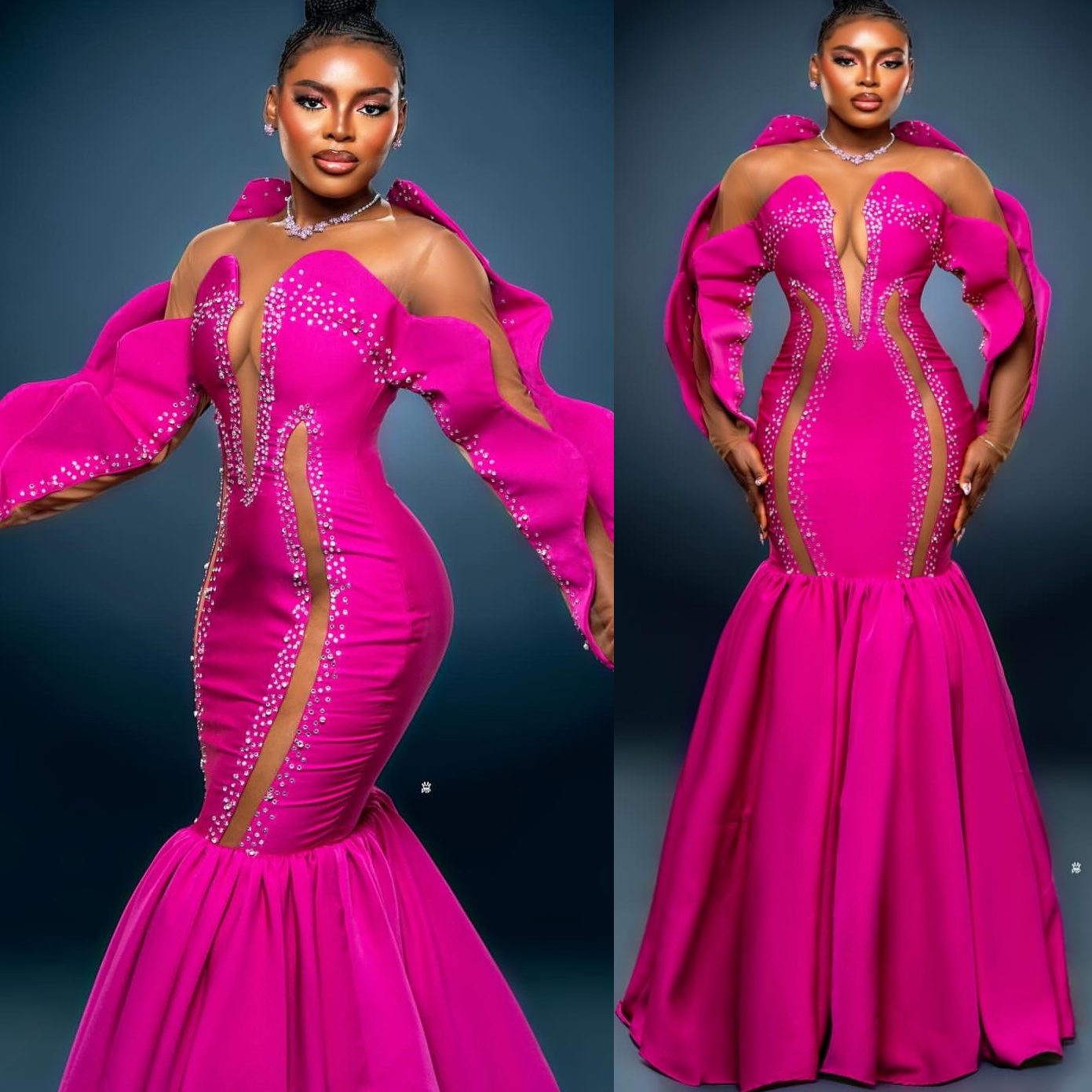 Fuchsia Mermaid Prom Dresses 2025 Crystals Satin Full Sleeves Evening Formal Party Second Birthday Engagement Gowns Plus Size Dress For Special Occasi