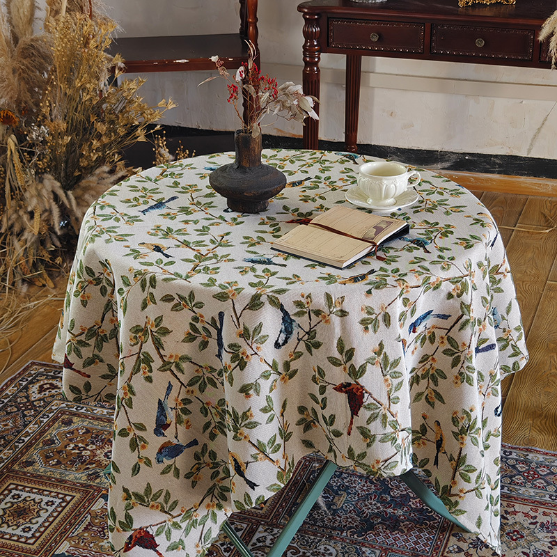 A664 American country retro tablecloth cotton linen style jacquard fabric flower and bird table cloth thickened coffee table cloth TV cabinet cover