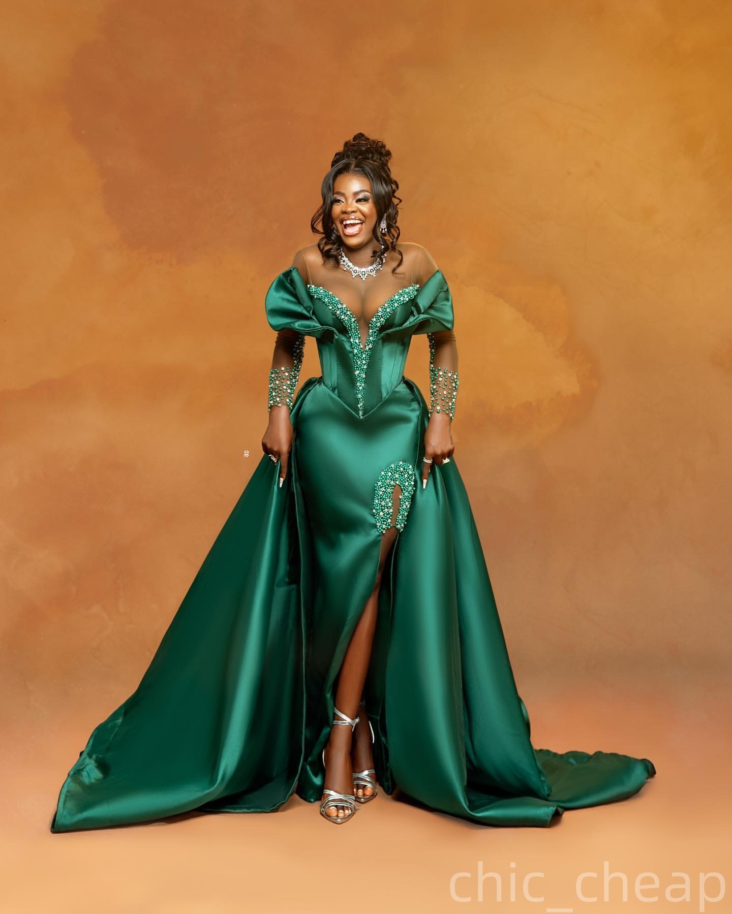 Dark Green Mermaid Prom Dresses 2025 Crystals Pearls Satin High Split Evening Formal Party Second Birthday Engagement Gowns Plus Size Dress For Specia