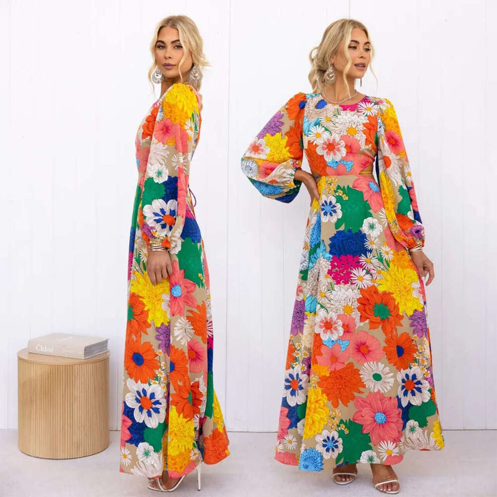 Maxi Dress Year Autumn And Winter New Fashionable Printed Round Neck Lantern Sleeve Long Waist Cinched Dress Floral Dress