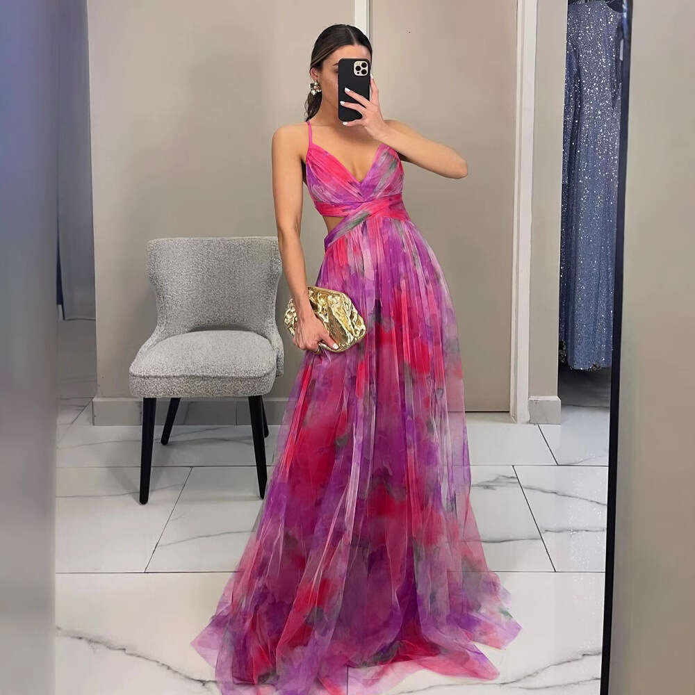 Maxi Dress Spring Summer New Mesh Printed Strap INS Holiday Leisure Party Dress Floral Dress