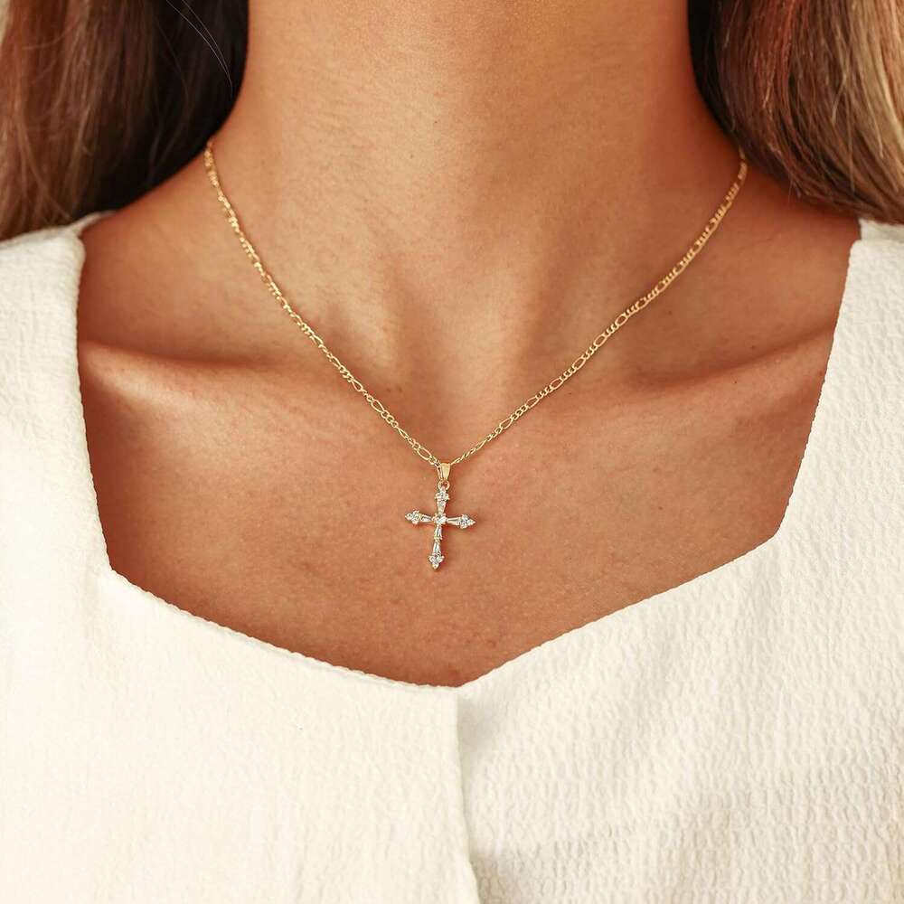Necklace Women, Dainty 14K Plated Pendant Small Cross Choker Cute Gold Necklaces for Women Trendy Faith Jewelry