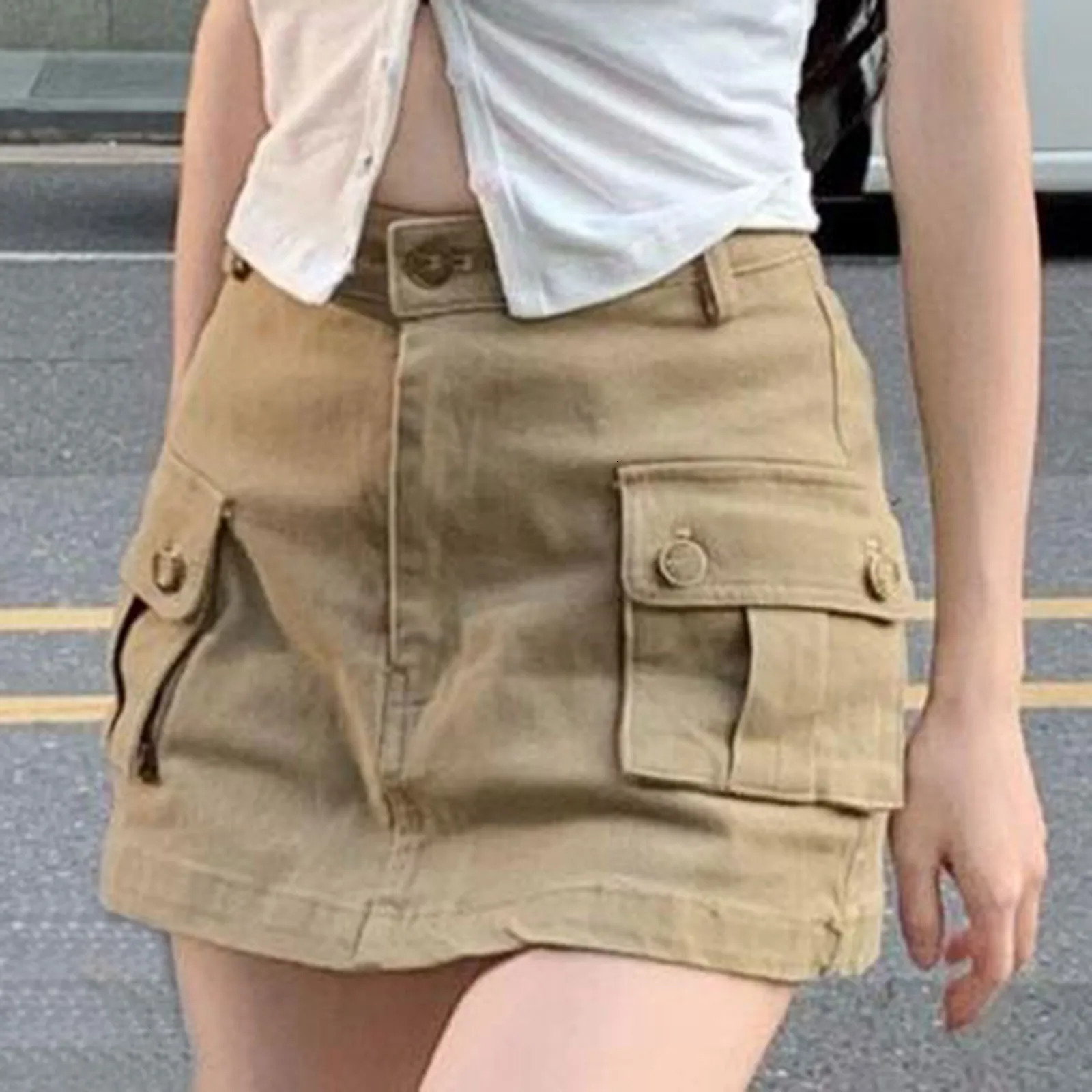 Korean Y2k Women Fashion Street Flap Pocket Cargo Skirt Sexy Girl Solid Metal Buckle Short 2024 Streetwear 250516Z