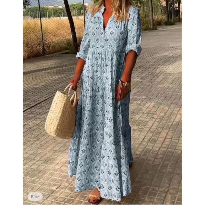 Maxi Dress Women S Summer New Standing Collar Large Fashion Loose Fitting Dress Long Style Floral Dress