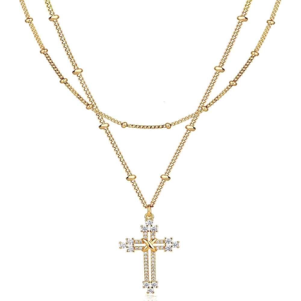 Multi layer golden women's gold-plated faith cubic zirconia cross pendant exquisite necklace prayer religious jewelry