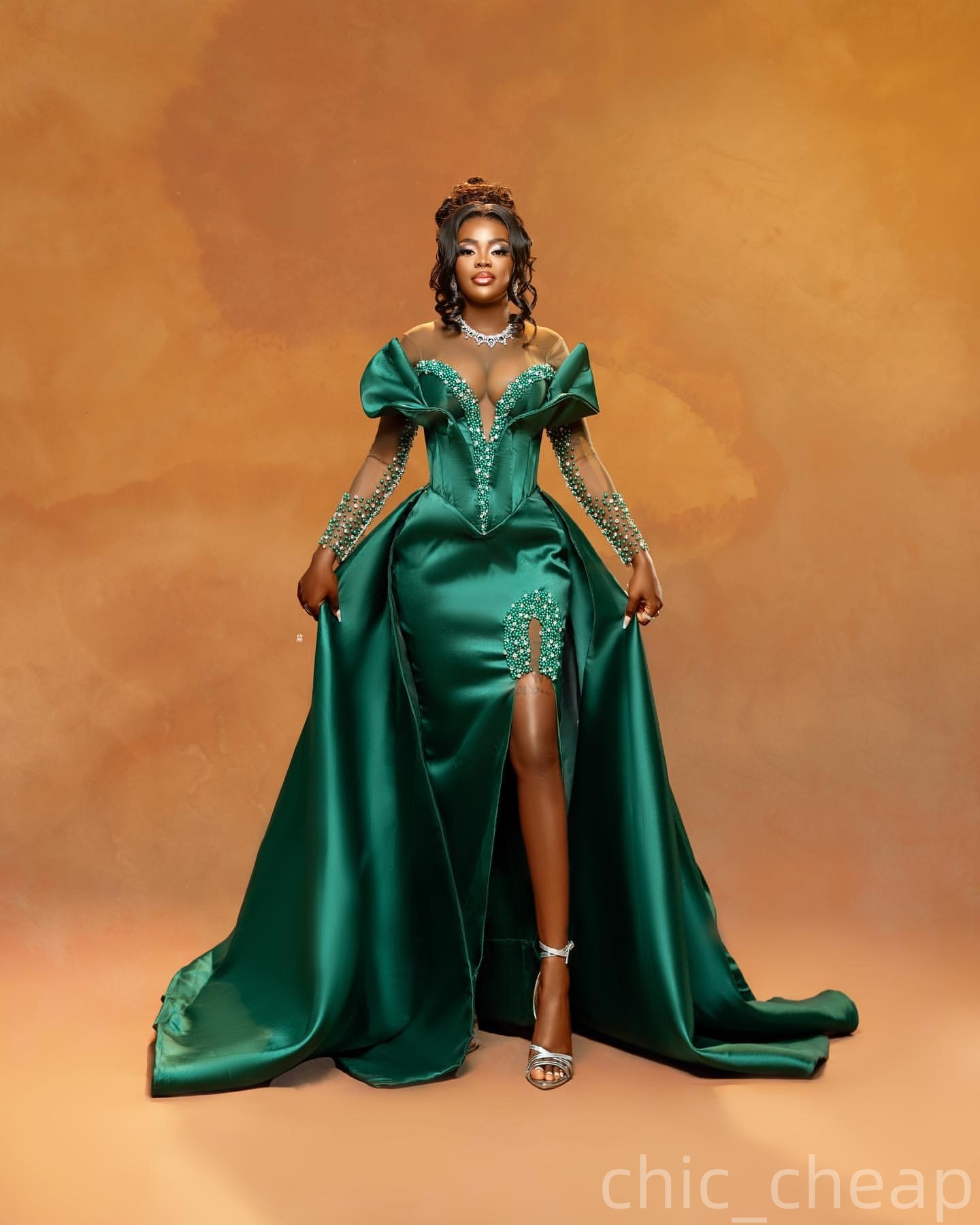 Dark Green Mermaid Prom Dresses 2025 Crystals Pearls Satin High Split Evening Formal Party Second Birthday Engagement Gowns Plus Size Dress For Specia