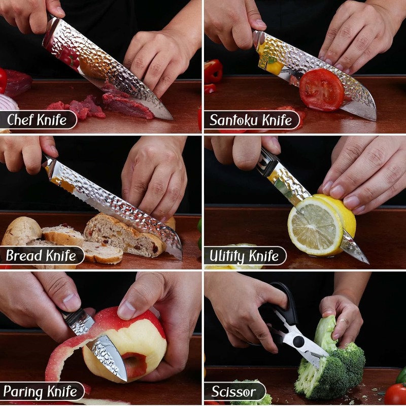 Automatic sharpening high-carbon stainless steel knife set of 15 pieces - includes wooden knife rack and steak knife